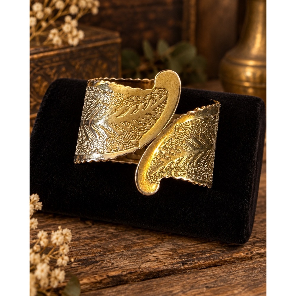 Vintage Hinged Statement Cuff Bracelet Embossed Textured Boho Wide Wrap